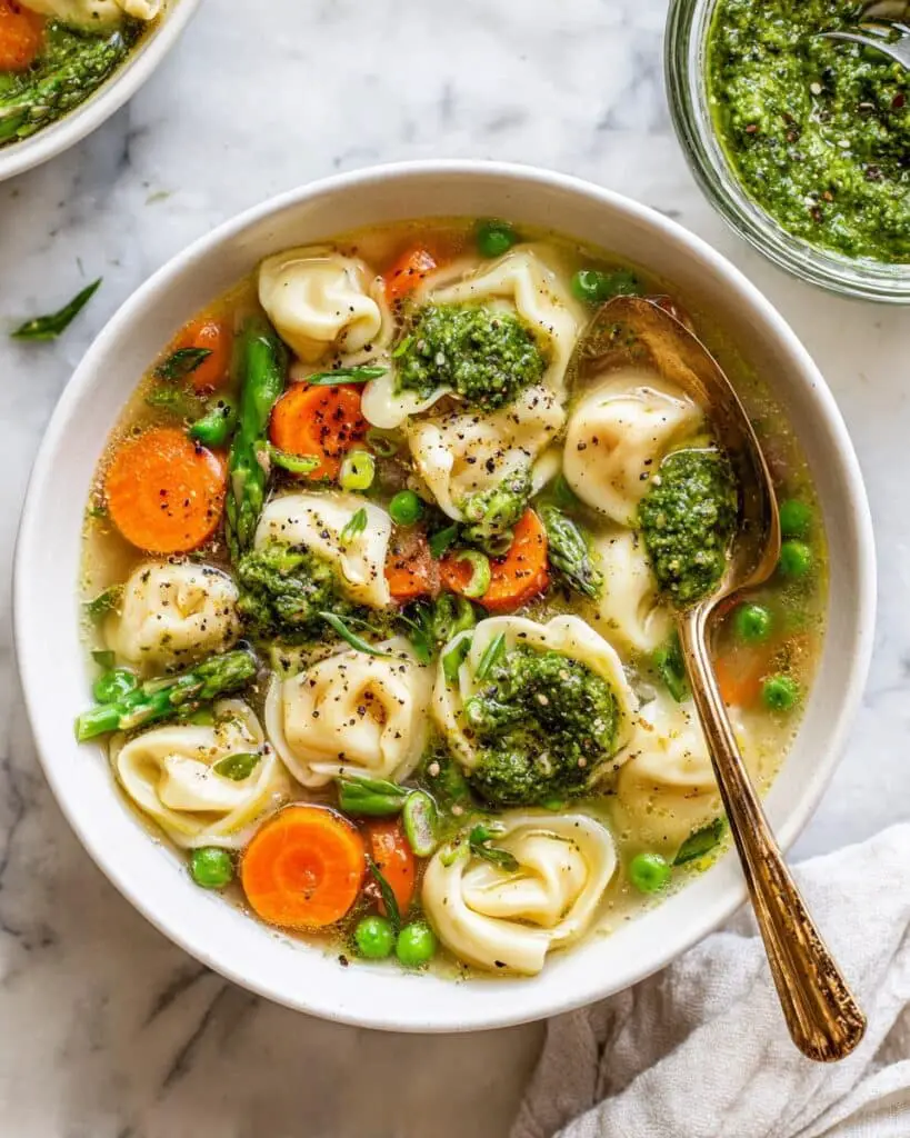 Spring Vegetable Tortellini Soup with Pistachio Pesto Recipe