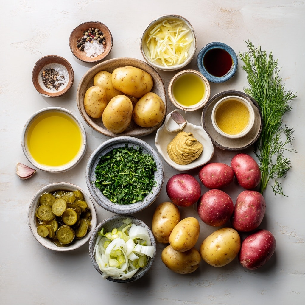 A white bowl filled with a multicolored potato salad, showing about three layers of halved baby potatoes in yellow, purple, and red shades. The potatoes are covered in a creamy mustard dressing with visible whole grain mustard seeds and thin pink onion slices. Fresh sprigs of dill are scattered throughout the salad, adding green highlights. The bowl sits on a white marbled surface with wooden salad serving spoons placed nearby. In the background, there are sprigs of dill and two clear glasses, one filled with a mustard condiment. Photo taken with an iphone --ar 4:5 --v 7