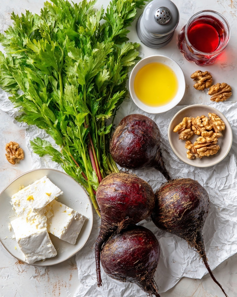 A close-up of a white bowl filled with a beet salad, showing three layers: the bottom layer has dark red beet chunks, the middle layer has bright green chopped herbs, and the top layer is sprinkled with white crumbled cheese and small brown walnut pieces. A silver spoon rests inside the bowl on the right side. The bowl is placed on a white marbled surface with a gray striped cloth nearby, and a clear glass filled with ice and water is in the background. photo taken with an iphone --ar 4:5 --v 7