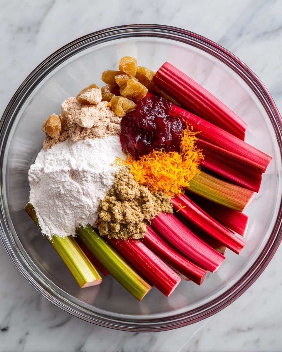A round galette sliced into five pieces sits on a light wooden board. The crust is thick, golden brown, and roughly folded over the edges of the filling, sprinkled with chopped green pistachios that add texture and color. The filling consists of glossy, soft red and pink rhubarb pieces with a slightly shiny, sticky glaze and small bits of golden caramelized sugar scattered on top, creating a sweet and tart look. The background is a white marbled surface with a small white bowl of cream in the corner and a silver fork nearby. photo taken with an iphone --ar 4:5 --v 7