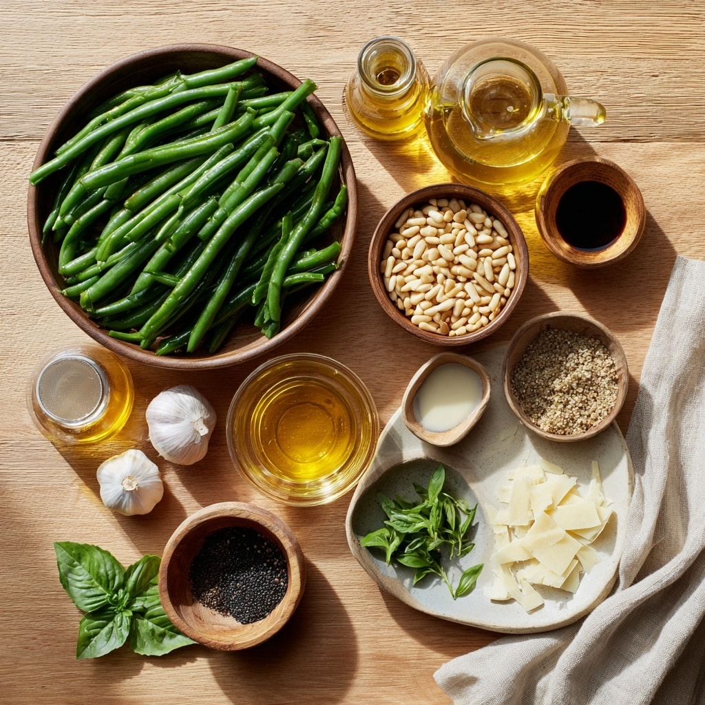 The image shows a white plate filled with cooked green beans arranged in a loose pile, topped with thin pale yellow cheese shavings scattered throughout. There are small light brown pine nuts sprinkled over the green beans and cheese. Thin strips of fresh green herbs are spread across the dish, adding extra color and texture. A light golden sauce with bits of black pepper is drizzled around and on top of the salad. A metal spoon rests on the right side of the plate, and the plate is set on a white marbled surface. Photo taken with an iphone --ar 4:5 --v 7