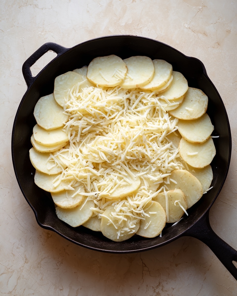 The image shows a black cast iron pan filled with thin, round slices of pale yellow potatoes arranged in a single even layer, covering the whole pan. On top of the potatoes, there is a generous scattering of white shredded cheese that contrasts with the smooth potato slices beneath. The pan is placed on a light tan textured surface, but the background should be imagined as a white marbled texture. photo taken with an iphone --ar 4:5 --v 7