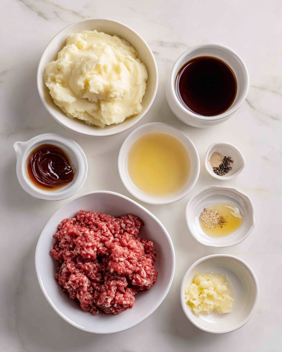 The image shows several white bowls and dishes arranged on a white marbled surface. In the bottom left, one white bowl is filled with raw ground meat that has a rough, chunky red texture. Moving clockwise, the next bowl is filled with mashed potatoes, smooth and creamy with a pale white color. Above that is a small cup with a dark brown liquid, shiny on top. To its right is a small white bowl with a clear golden-yellow liquid. Below that is a white bowl with a layered mix of dark red sauce and some syrupy light amber liquid. On the bottom right, a small white bowl is sectioned into three parts, containing pale minced garlic, some yellowish paste, and dark crushed pepper. Photo taken with an iphone --ar 4:5 --v 7