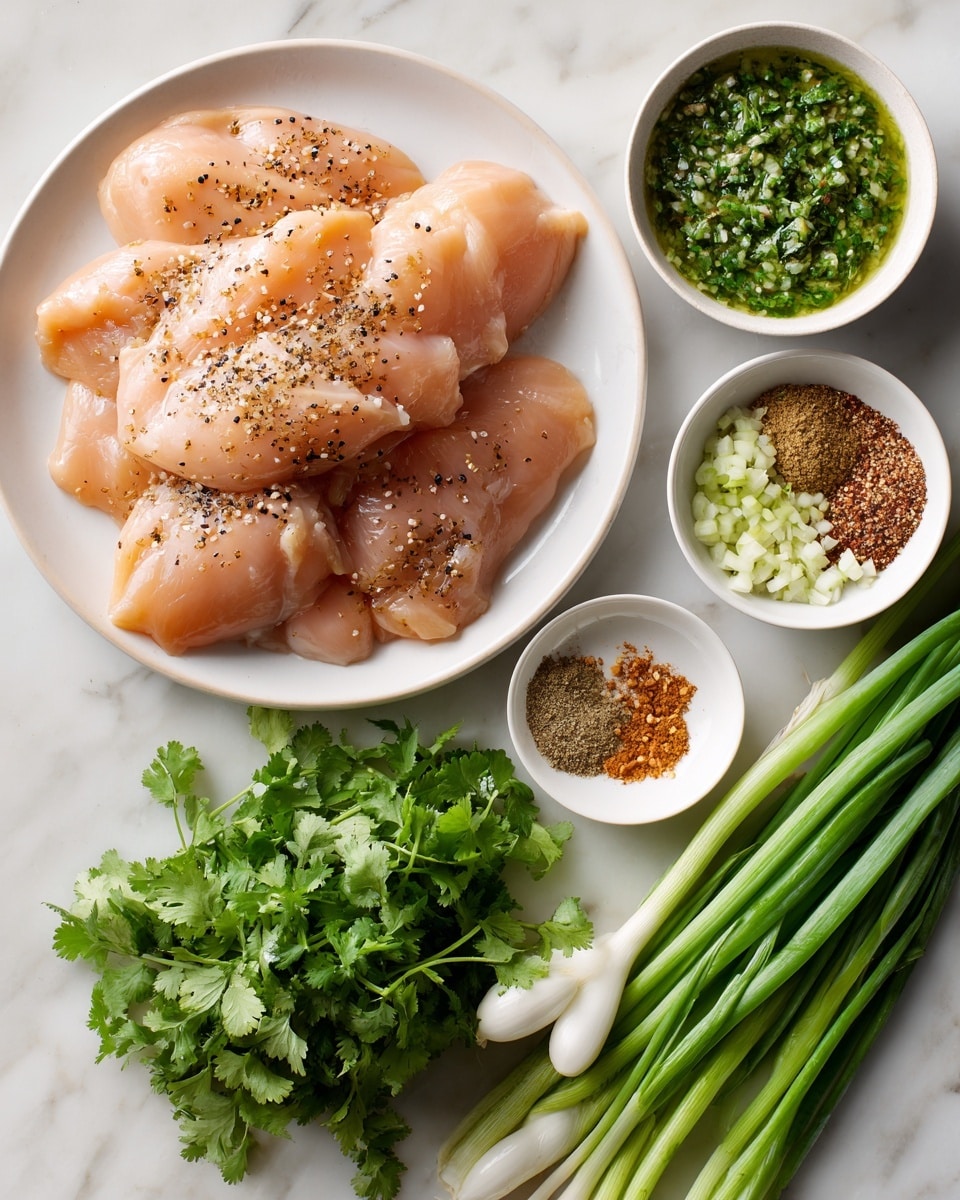 A white plate on the left holds several raw chicken pieces, lightly sprinkled with black pepper, showing soft pink and light orange tones with smooth, moist textures. Near the top right, there is a small white round bowl filled with a green sauce, finely textured and a little glossy. Below this is another small white bowl containing chopped garlic and chopped green chili, both fresh and vibrant in color. Directly below the chicken, there is a bunch of fresh cilantro with dark green leaves and thin stems. On the right side are several fresh green onions, long with bright green tops and white bases, lying horizontally. In the center, there is a small white bowl with a variety of dry spices, including some brown and light tan powders arranged separately. All items are placed on a white marbled surface photo taken with an iphone --ar 4:5 --v 7