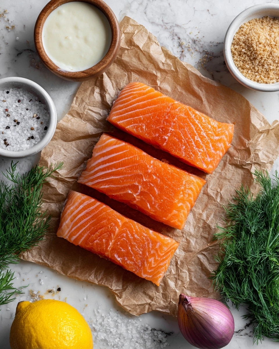 Three thick pieces of fresh salmon with bright orange flesh and visible white lines are placed on a crumpled brown paper sheet. On the top left, there is a small wooden bowl filled with a creamy white sauce and to its right, a small white bowl with brown breadcrumbs. To the right of the salmon, fresh green dill is laid out, adding a pop of color, and next to it is a single shallot with purple skin. At the bottom left corner, a whole yellow lemon sits on the white marbled surface, with a small pile of salt and pepper sprinkled nearby. The scene is set on a white marbled texture. photo taken with an iphone --ar 4:5 --v 7