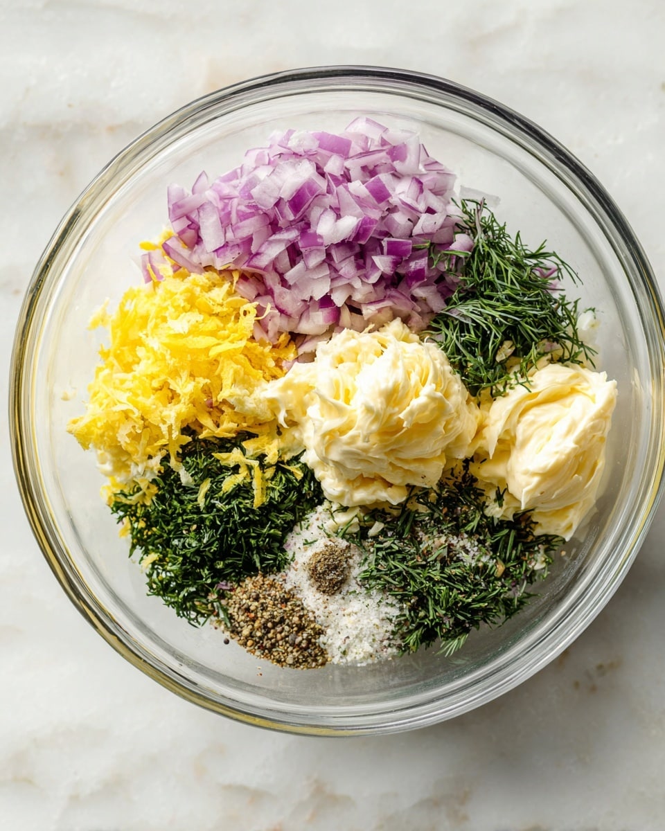 The image shows a cooked salmon fillet with three layers visible: the bottom layer is the light pink, moist salmon flesh; the middle layer is a creamy green herb sauce with visible dill, garlic, and small bits of onion; the top layer is a golden, crumbly topping with herbs sprinkled over it. The salmon is placed on a white plate with small pieces of broccoli on the right side providing a bright green color contrast. A silver fork holds a piece of the salmon in front. The whole scene is set on a white marbled surface. Photo taken with an iphone --ar 4:5 --v 7