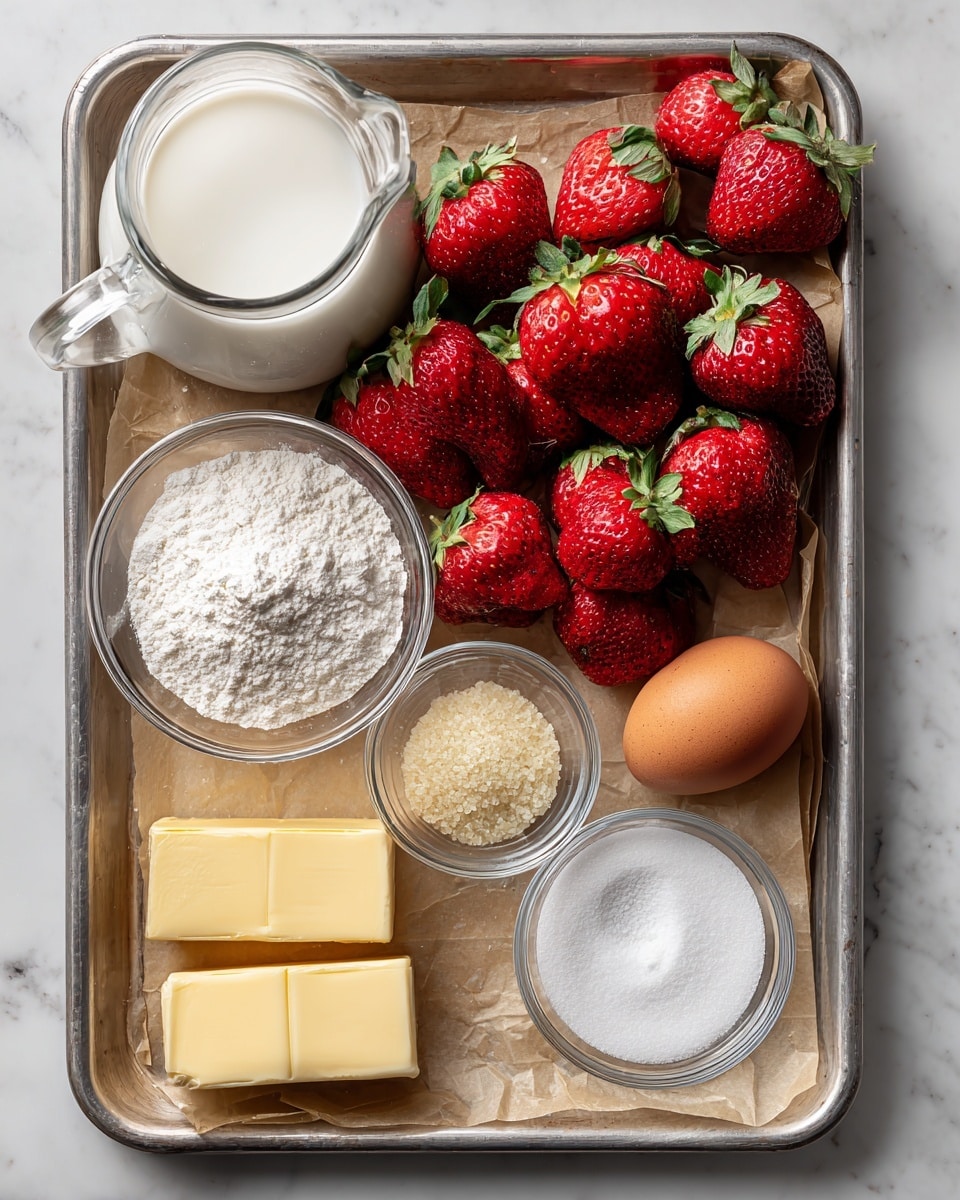 A metal tray lined with parchment paper holds fresh red strawberries with green tops spread across the center. At the top left, there is a clear glass pitcher filled with white milk. Next to the pitcher, a single brown egg rests on the tray. To the right of the egg, a small round white bowl filled with white flour sits on the tray. Below the flour is a small clear glass bowl of white powder, possibly powdered sugar. Near the center of the strawberries, a small clear bowl contains a light beige granular substance. To the left of the strawberries, two rectangular yellow pats of butter are placed on the parchment. At the bottom right, a small clear bowl holds white granulated sugar. The whole tray is on a white marbled surface. Photo taken with an iphone --ar 4:5 --v 7