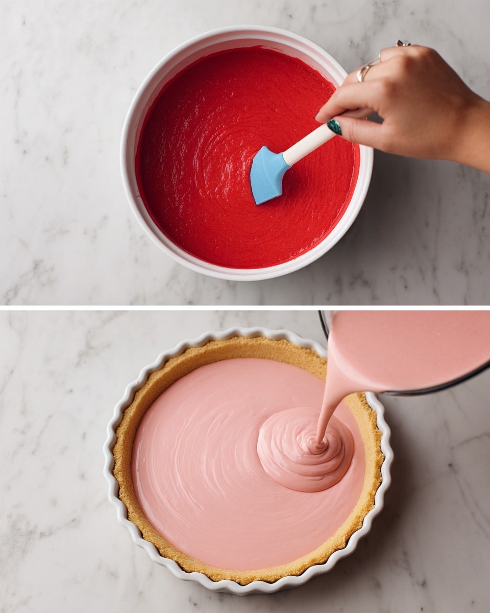 A round tart with three visible layers: the bottom layer is a golden brown crust with a crumbly texture, the middle layer is smooth and light pink cream filling that evenly spreads across the tart, and the top layer is fresh strawberries cut in half and quarters, piled on one half of the tart with some white crumbles sprinkled over them. The tart sits on a white round plate placed on a white marbled surface scattered with strawberry pieces and white crumbs. There is a textured white cloth in the top left corner and a white bowl with a fork in the lower right corner. Photo taken with an iphone --ar 4:5 --v 7