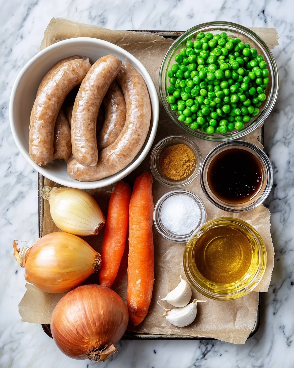 A white bowl filled with light brown sausages sits on a parchment-lined baking tray. Next to it, a clear glass bowl holds bright green peas. Two large orange carrots and a yellow onion with loose skin are also on the tray. Small glass containers hold a dark brown sauce, a yellow spice powder, white salt, white flour, and a pale yellow oil. Two cloves of garlic rest near the small bowls. The tray is placed on a white marbled surface. photo taken with an iphone --ar 4:5 --v 7