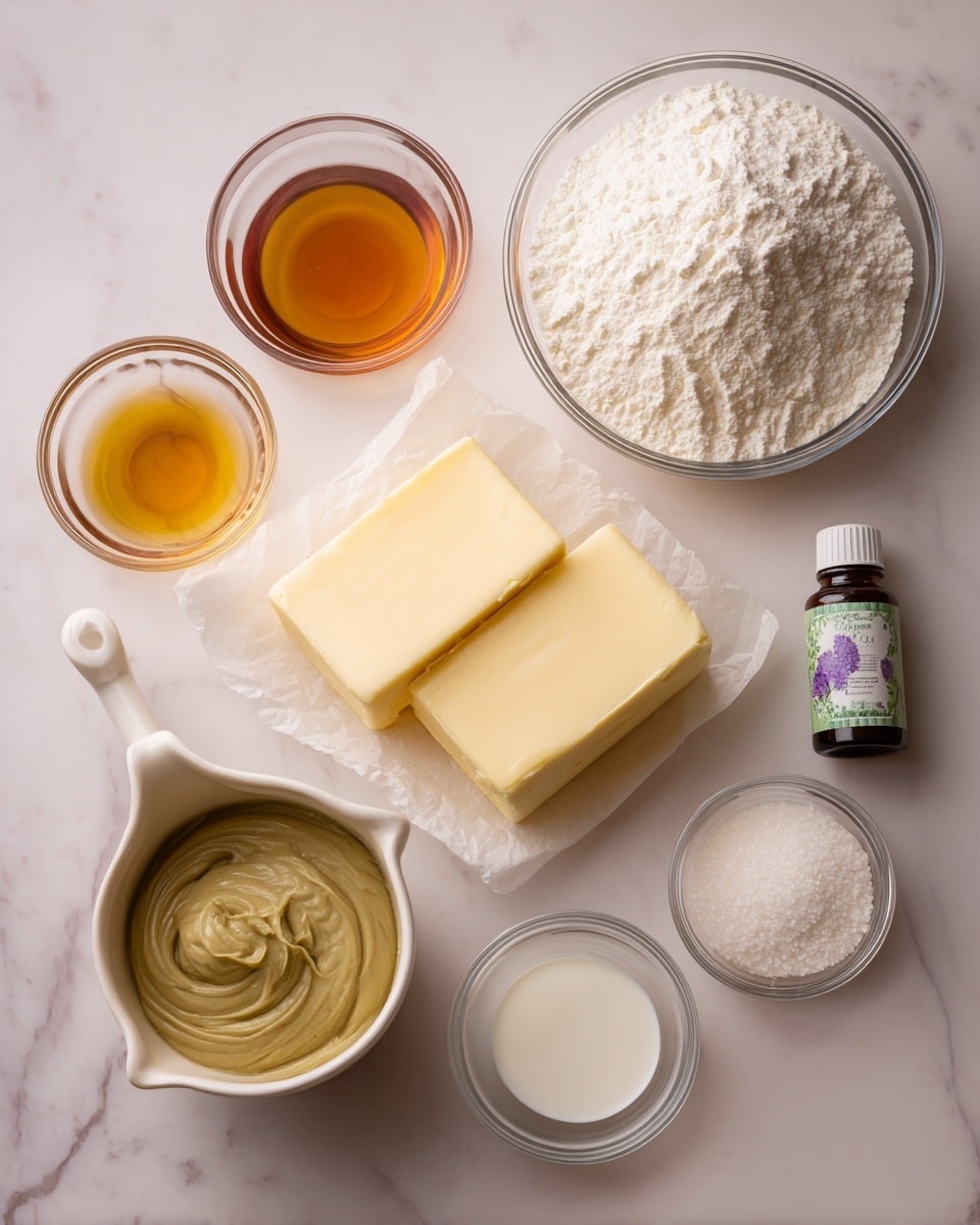 The image shows several ingredients arranged neatly on a white marbled surface. In the top right, there is a large clear bowl filled with white powder that looks soft and fluffy. Below it, slightly to the left, are two thick, pale yellow butter blocks stacked on white paper. At the bottom left, a small white saucepan holds a smooth, creamy, greenish-brown mixture with swirled texture. Around these are smaller clear glass bowls holding different liquids and powders: golden brown syrup at the top left, white milk in a small jug below the flour, clear liquid in a small bowl to the right, and a small bowl with white granules at the bottom. Near the milk jug, there is a small white bottle with a green and purple label. photo taken with an iphone --ar 4:5 --v 7
