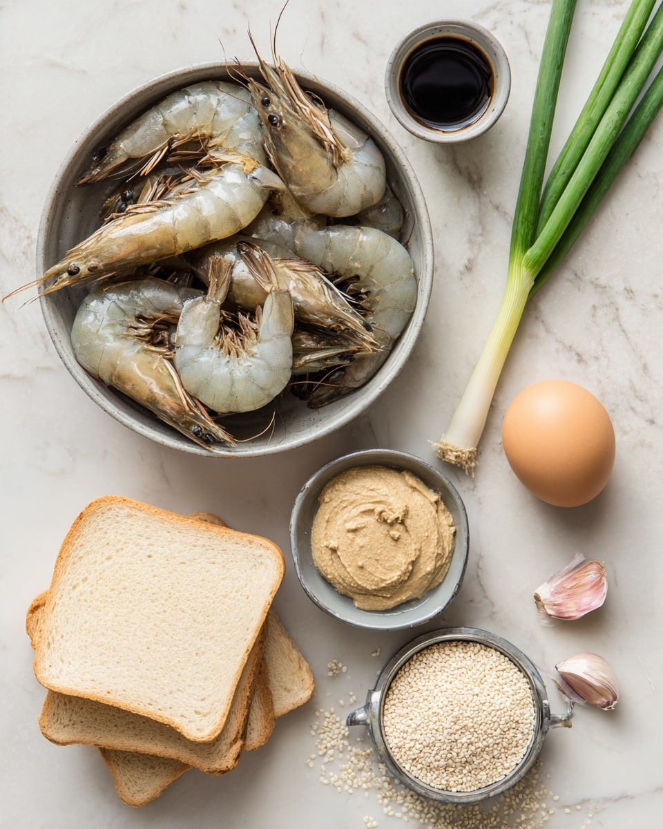 A group of raw shrimp with shells and legs is placed piled inside a gray bowl at the top left on a white marbled surface. To the right of the bowl, there are two green onions with white roots laying vertically. Below the shrimp bowl is a small gray bowl filled with a beige paste. Below the paste, there is a single light brown egg resting next to three stacked slices of white sandwich bread. To the right of the bread is a small circular metal container filled with white sesame seeds and some seeds scattered around it. Below the sesame seeds is a small cup filled with a dark liquid. Near the top right center are two cloves of garlic with pinkish skin. photo taken with an iphone --ar 4:5 --v 7