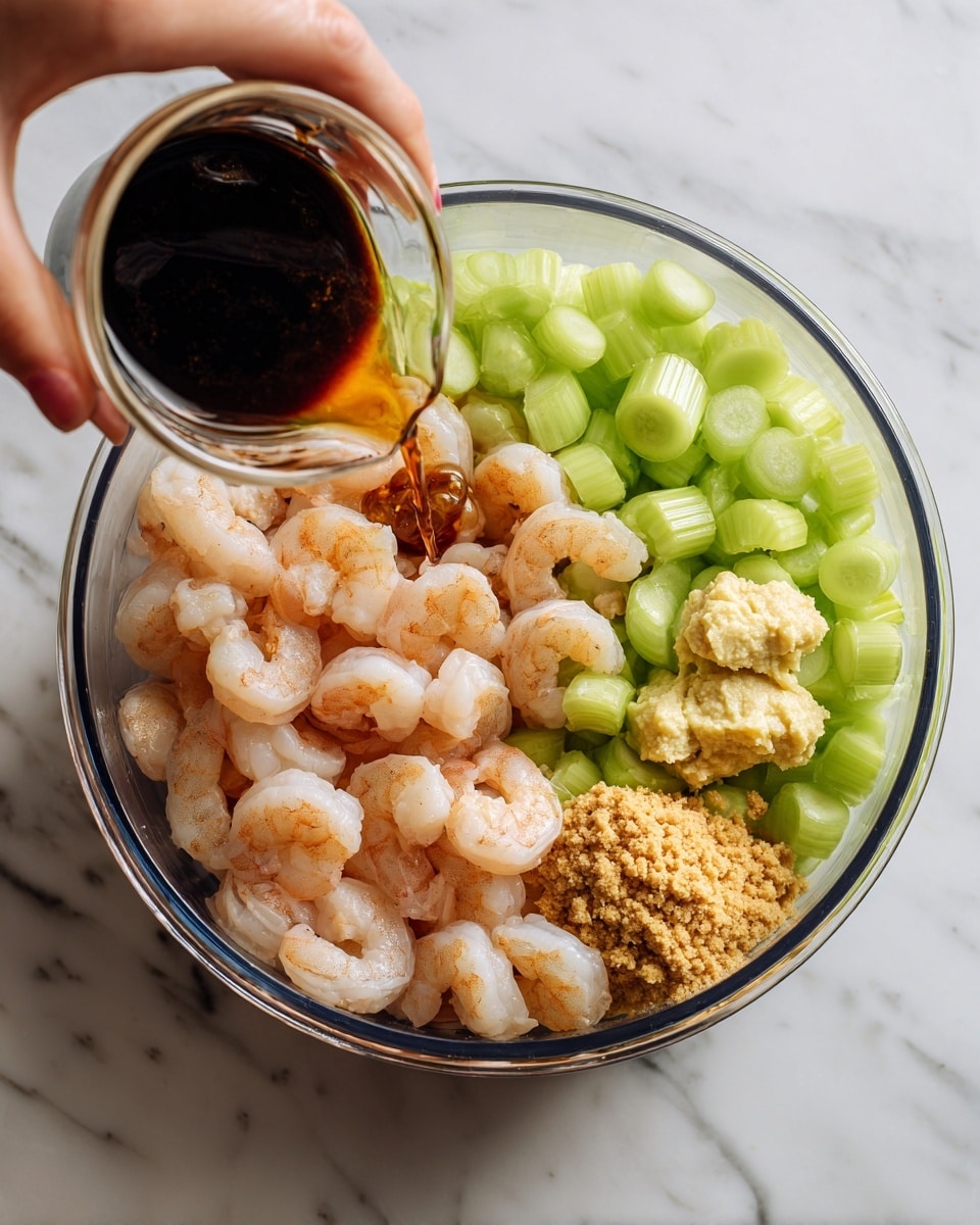 A clear food processor bowl contains several layers: on the left side, there are raw shrimp in pale pink and off-white shades with a slightly shiny texture; next to them on the right, there are thick, round light green pieces of celery; near the celery are small light tan chunks of paste, and just below them is a small mound of crushed pale yellow garlic. A woman's hand is pouring a dark brown liquid from a small cup into the bowl from the top right corner. The whole scene is set on a white marbled surface. Photo taken with an iphone --ar 4:5 --v 7
