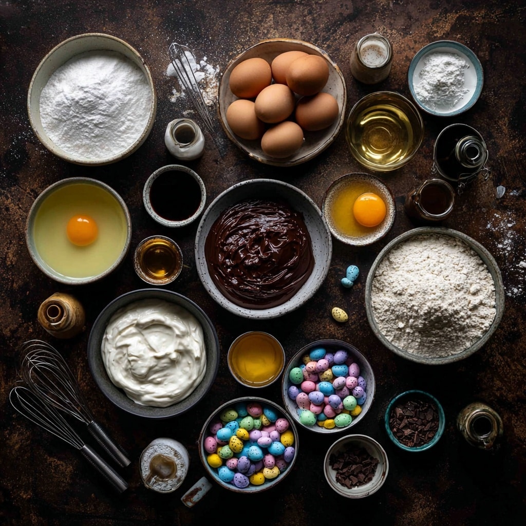 A clear square glass dish holds a rich dark brown chocolate cake layer at the bottom, with a smooth light brown chocolate sauce being poured evenly over it from a clear measuring cup held by a woman's hand in the top right corner. The sauce spreads softly, slightly shiny and creamy on the rough textured cake. In the background, slightly blurred, are two bright yellow bags of mini eggs and a small bowl with chunks of dark chocolate, all set on a white marbled surface. photo taken with an iphone --ar 4:5 --v 7