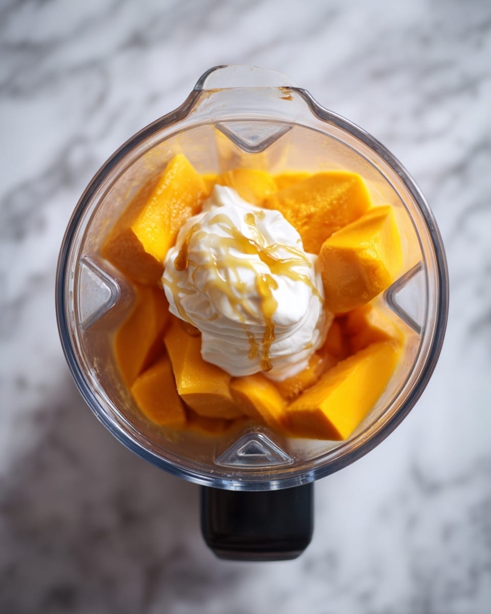 A top view of a clear blender jar sitting on a white marbled surface, filled with large, bright orange chunks of fruit at the bottom. On top of the fruit is a thick, white dollop of creamy substance with a drizzle of light amber syrup resting over it. The blender jar has a black base visible at the bottom edge of the image. Photo taken with an iphone --ar 4:5 --v 7