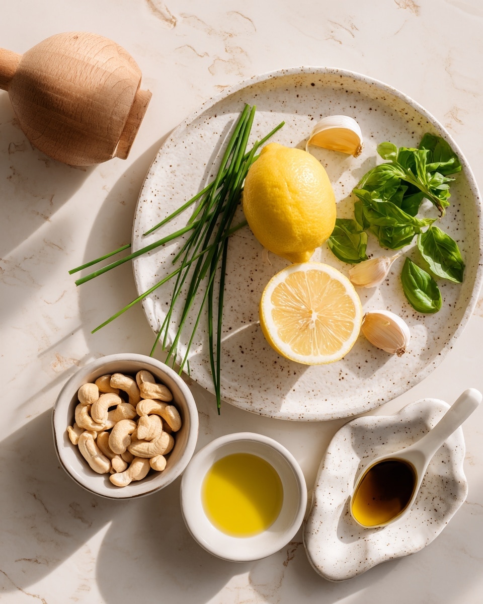 A white speckled plate sits in the center on a white marbled surface, holding a half lemon with bright yellow flesh on the right, two peeled garlic cloves near the top, a few fresh green basil leaves to the right of the lemon, a bunch of thin green chives standing upright on the left, and some flat green parsley leaves at the bottom. To the lower left of the plate, a small white bowl filled with whole cashew nuts is visible. Above it, another small white bowl contains a golden yellow liquid, likely oil. On the right side of the plate, a white ceramic spoon holds a small amount of dark brown liquid, and below this spoon, an empty white speckled ceramic container with a unique irregular shape is placed. A wooden citrus juicer is positioned at the upper left corner of the scene. The lighting is natural and bright, highlighting the fresh colors and textures. photo taken with an iphone --ar 4:5 --v 7
