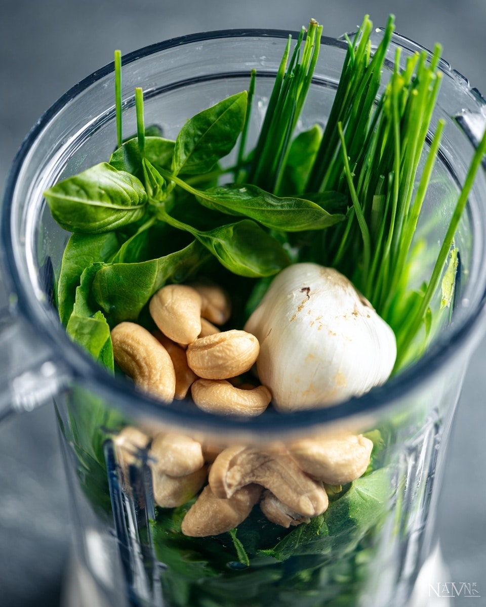 Inside a clear blender, there are three main layers of ingredients. At the bottom, bright green fresh basil and parsley leaves create a leafy base with soft textures. Above that, a whole white garlic clove sits near several light brown cashew nuts that have a smooth but slightly rough surface. At the top, long, thin green chives add a sharp touch with their stick-like shape. The inside of the blender is clear, showing all the ingredients clearly. The photo was taken with an iphone --ar 4:5 --v 7