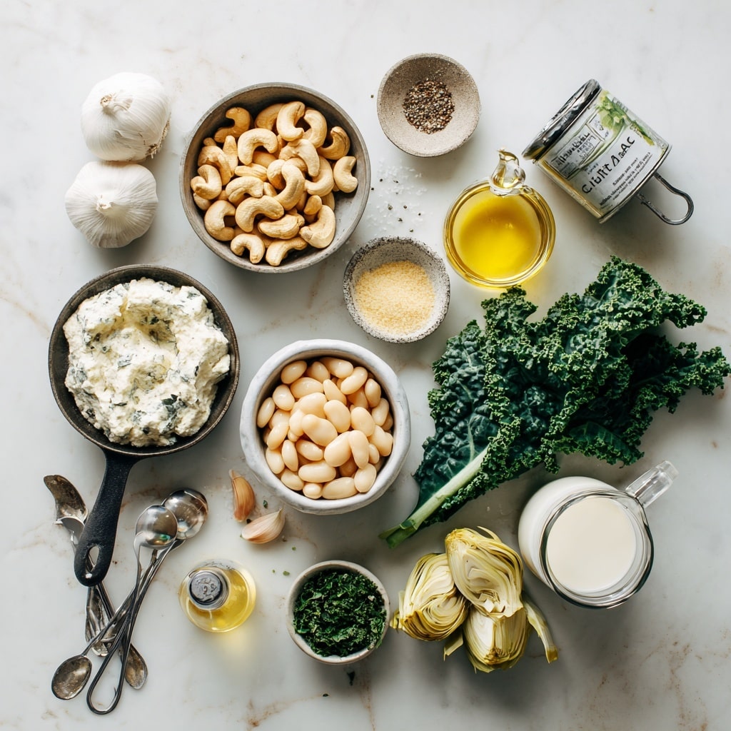 A black cast iron skillet holds a creamy, layered dish with three visible layers: the top layer is light yellow with a sprinkled texture of grated cheese and fresh green parsley scattered over it; beneath that, there is a creamy white sauce mixed with dark green leafy vegetables and white beans, creating a textured look; the bottom layer shows thin slices of a pale yellow ingredient, likely potatoes, partially visible near the edge. There are two vintage silver spoons resting inside the skillet, one partially digging into the dish, revealing the creamy and chunky texture inside. The skillet is placed on a white marbled textured surface with small pieces of green herbs scattered around, and a wooden board with several light brown, round crackers is at the top left corner. Photo taken with an iphone --ar 4:5 --v 7