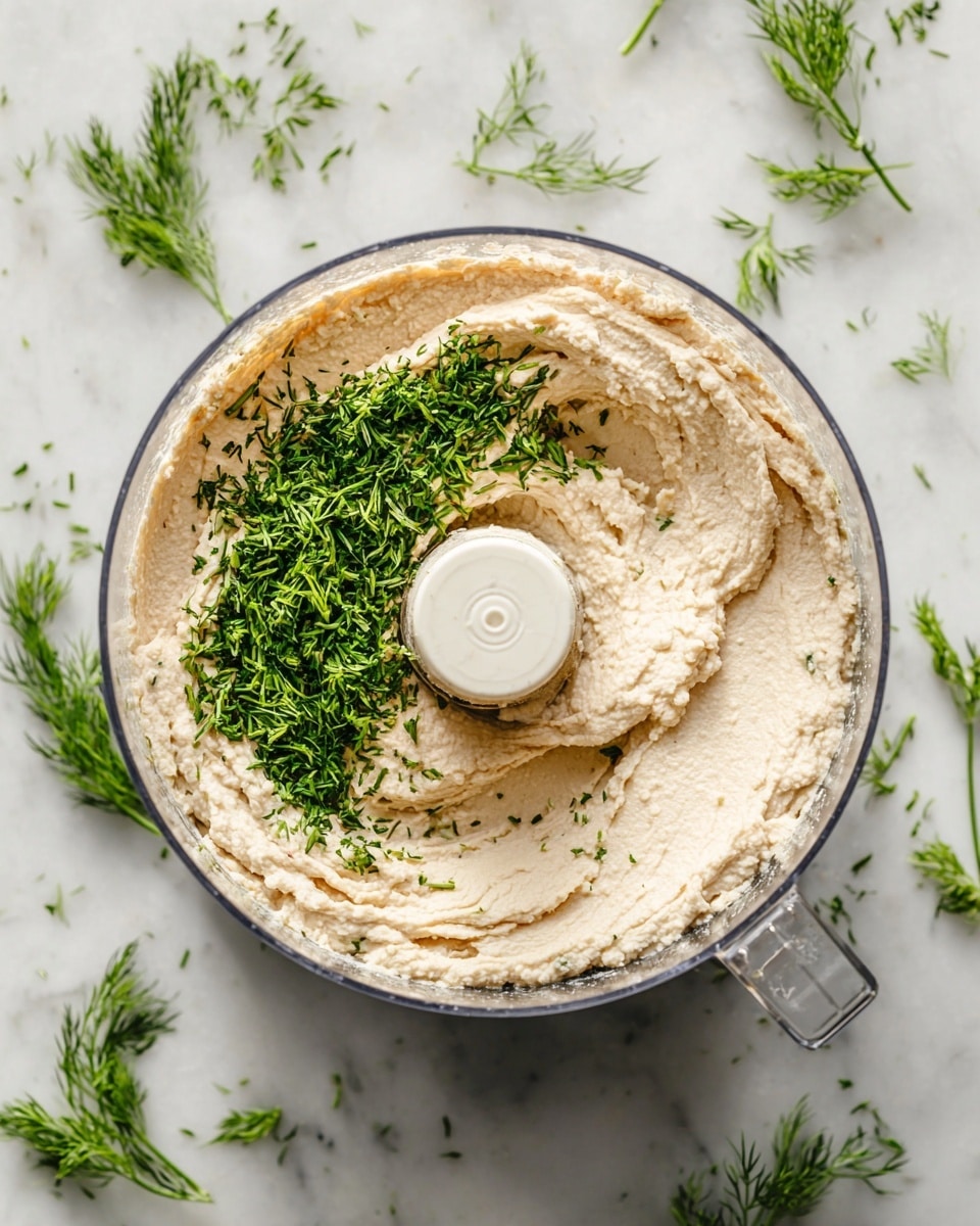 A clear round food processor bowl with smooth light beige hummus spread inside, mostly covering the base except the center where a white blade piece sticks up. On top of one side of the hummus, there is a small pile of fresh finely chopped bright green herbs, likely dill, adding a fresh touch. The food processor sits on a white marbled surface with a few scattered dill sprigs around it. The image is bright and clean, showing a simple fresh preparation process photo taken with an iphone --ar 4:5 --v 7