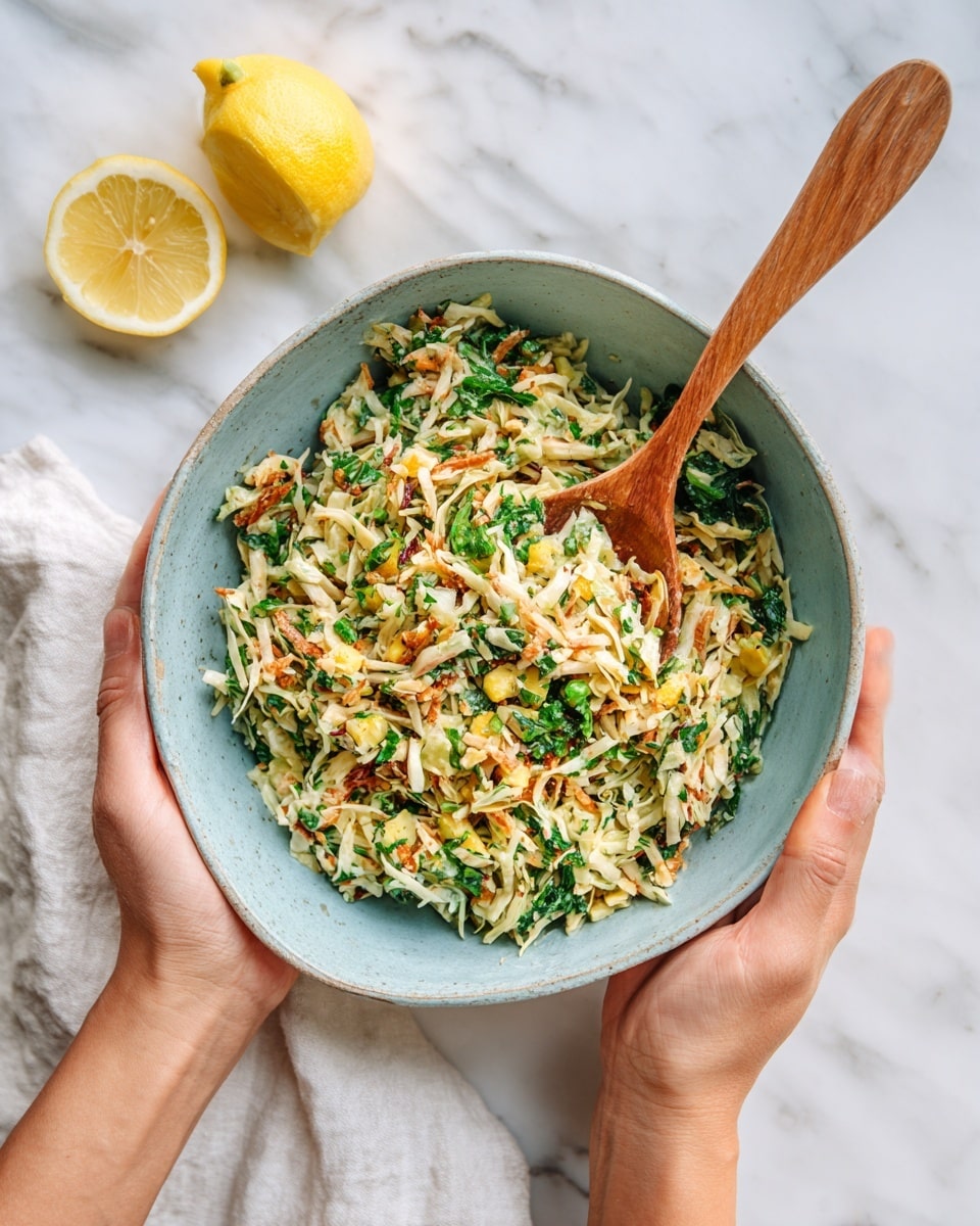 A stack of three round, golden-brown patties with a rough, chunky texture sits on a white plate, placed on a white marbled surface. The patties have visible green herbs mixed in, adding small flecks of color. A woman's hand holding a silver spoon is shown above, drizzling thick, creamy white sauce over the top patty, causing some to drip down the stack and onto the plate. In the soft-focus background, there is a white jar and a sliced lemon wedge. Photo taken with an iphone --ar 4:5 --v 7