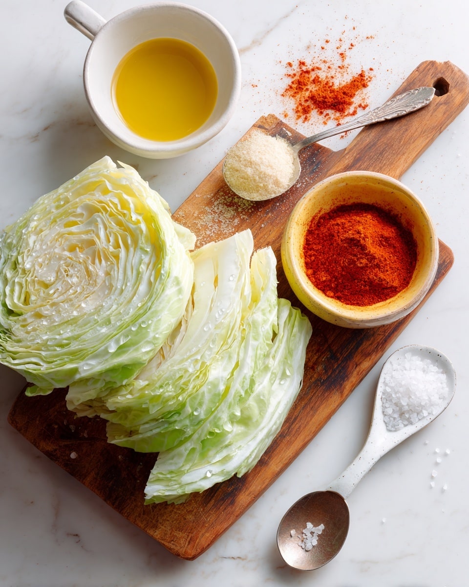 A wooden cutting board sits on a white marbled surface, holding a large wedge of pale green cabbage with visible water droplets on its layers. There are three ceramic spoons on the board: one white spoon with a rough beige powder near the cabbage, another white spoon resting inside a small yellowish bowl filled with vibrant red spice powder, and a tiny silver spoon with coarse white salt spilling slightly onto the board. Off to the left, a small white bowl holds golden oil, and a small pile of red spice powder is scattered on the white marbled surface near the top. Photo taken with an iphone --ar 4:5 --v 7