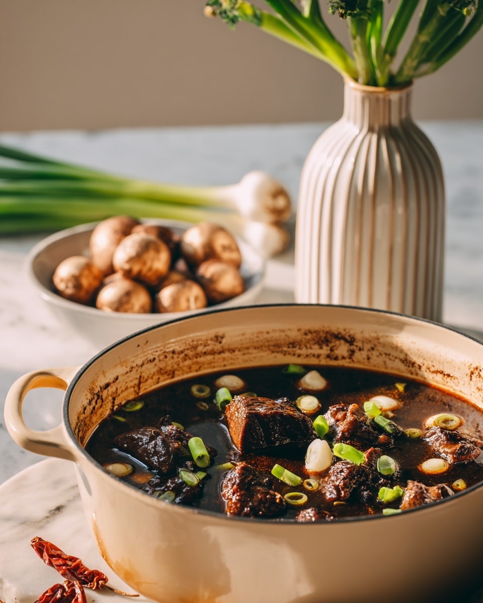 A white bowl filled with a rich stew showing three main layers: large dark brown chunks of braised meat, bright orange carrot slices, and whole dark mushrooms with a slight cross cut on top. On top, small pieces of red chili and sliced green onions add fresh color, while sesame seeds are scattered over everything, adding texture. The bowl sits on a bamboo mat with a wooden board showing slightly underneath, against a white marbled background. photo taken with an iphone --ar 4:5 --v 7