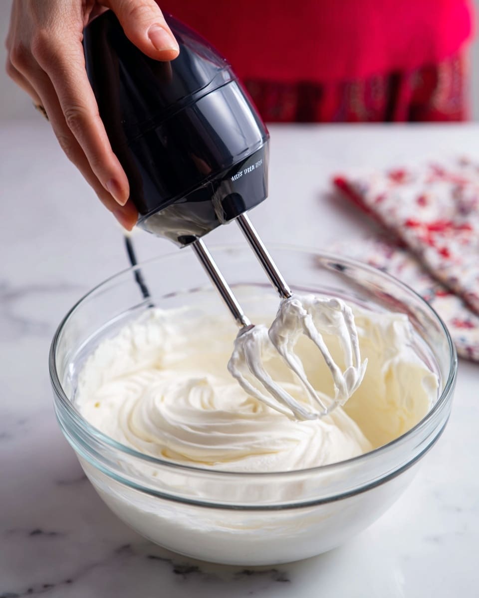 A clear glass bowl filled with smooth, thick white cream is being whipped by a black electric hand mixer with two silver beaters. The cream shows soft waves and peaks forming from the mixing action. A woman's hand is gently holding the side of the bowl. The bowl is placed on a white marbled surface. In the background, part of a red garment is visible, slightly blurred. photo taken with an iphone --ar 4:5 --v 7