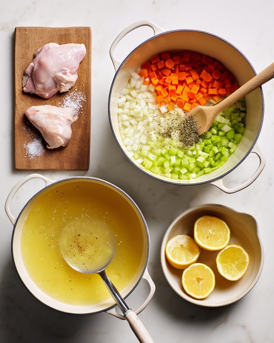 The image shows two raw chicken pieces placed side by side on a white speckled plate at the top left. To the right of the plate are two whole bright yellow lemons and a small white bowl with two white eggs. Below the lemons are two small white bowls containing diced green celery and chopped orange carrots. Below the plate, there is a pale bowl filled with chopped white onions and to its right a small white fluted dish with golden olive oil. Next to it is a small white dish holding uncooked white rice grains. At the bottom left side, two more small dishes hold black pepper and chopped garlic, and salt is in a small black bowl. On the right side near the bottom, a clear glass container shows a light yellow broth. All items sit on a white marbled surface. Photo taken with an iphone --ar 4:5 --v 7