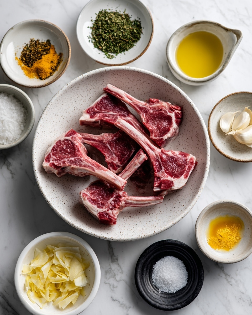 A top-down view of ingredients arranged on a white marbled surface, featuring a white speckled bowl filled with six raw lamb chops, showing a mix of red meat and white fat with bones extending outward. Surrounding this bowl, there are eight small white and black dishes: dried green herbs, ground black pepper, yellow mustard, coarse sea salt, sliced garlic in a beige bowl, yellow lemon zest on a tiny white plate, a black dish with salt, a small white bowl with lemon juice, and a white bowl with olive oil in a black-rimmed measuring cup. photo taken with an iphone --ar 4:5 --v 7