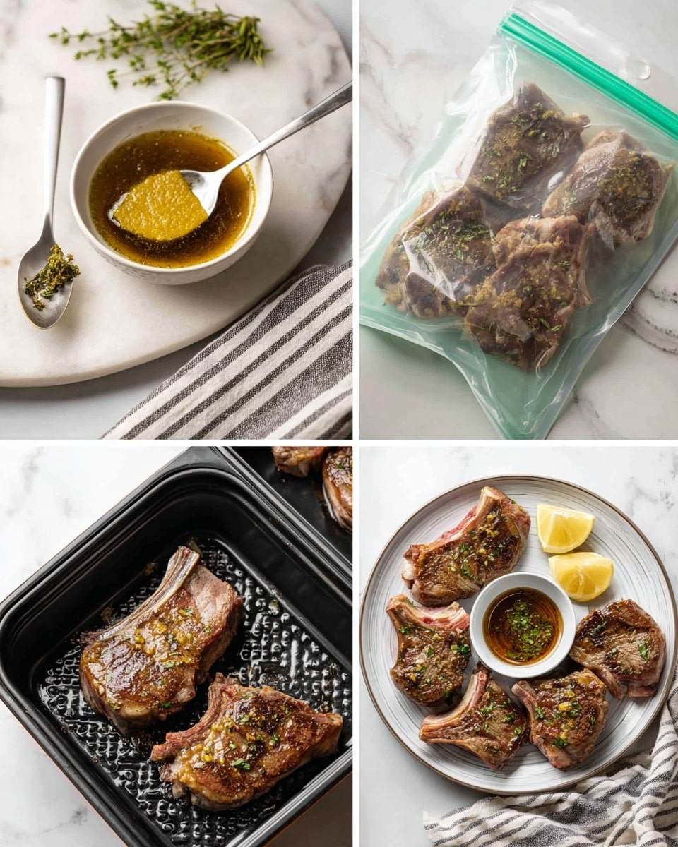 The image shows a step-by-step process of making cooked lamb chops. At the top left, a small white bowl holds a golden herb marinade with a smooth mustard dollop, next to a spoon on a white marbled surface. To the right, raw lamb chops are marinated with herbs and garlic slices in a transparent green sealed bag, resting on the same white marbled background. Below, the sealed bag shows the lamb chops fully coated in the mixture. The next two images show two lamb chops cooking in a black pan with a honeycomb texture, slowly browning on the surface with oil shimmering around them. The final image displays a white plate with a gray rim holding six dark golden-brown cooked lamb chops arranged around a small cup of sauce, garnished with fresh green herbs and lemon wedges, placed on the white marbled surface with a striped cloth partially visible. photo taken with an iphone --ar 4:5 --v 7