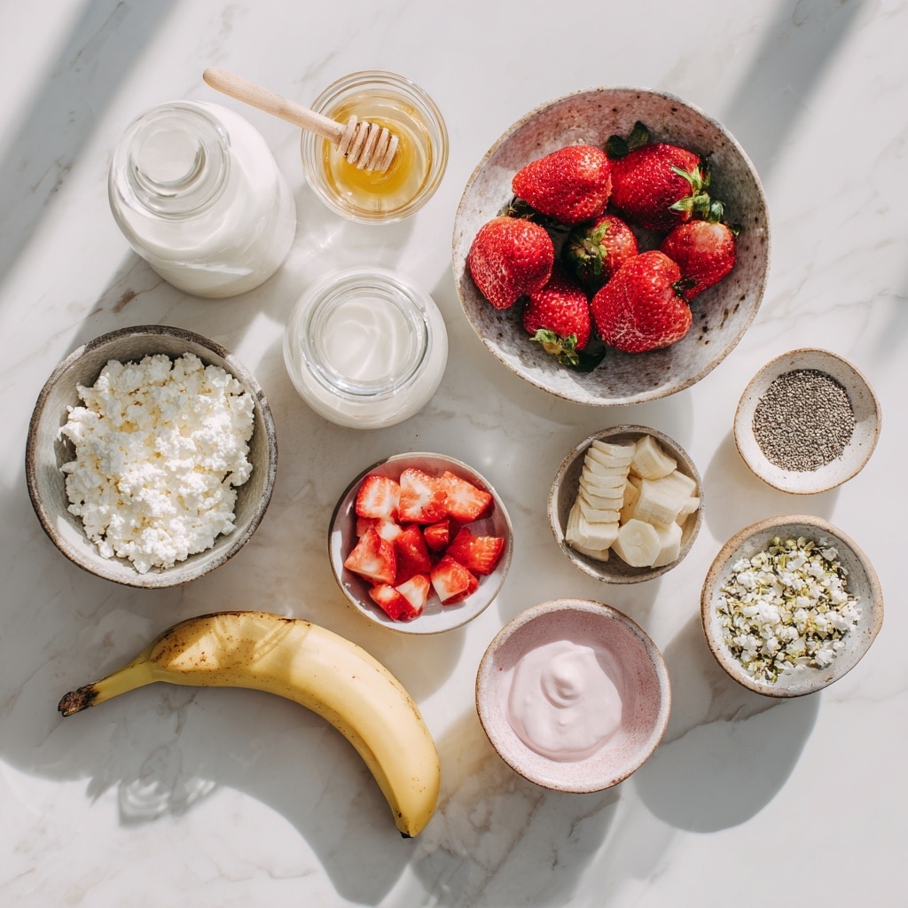 A clear glass is filled with a smooth, pale pink strawberry milkshake, topped with a swirl of white whipped cream sprinkled with small dark chocolate bits, and bright red diced strawberries sitting on the whipped cream. A white straw with pink polka dots is inserted into the drink. The glass sits on a round white marble coaster with a white marbled surface beneath it. To the right, a white bowl filled with fresh red strawberries with green leaves is partially visible, and one strawberry leans against the coaster. In the background, there is another matching strawberry milkshake slightly out of focus. Photo taken with an iphone --ar 4:5 --v 7