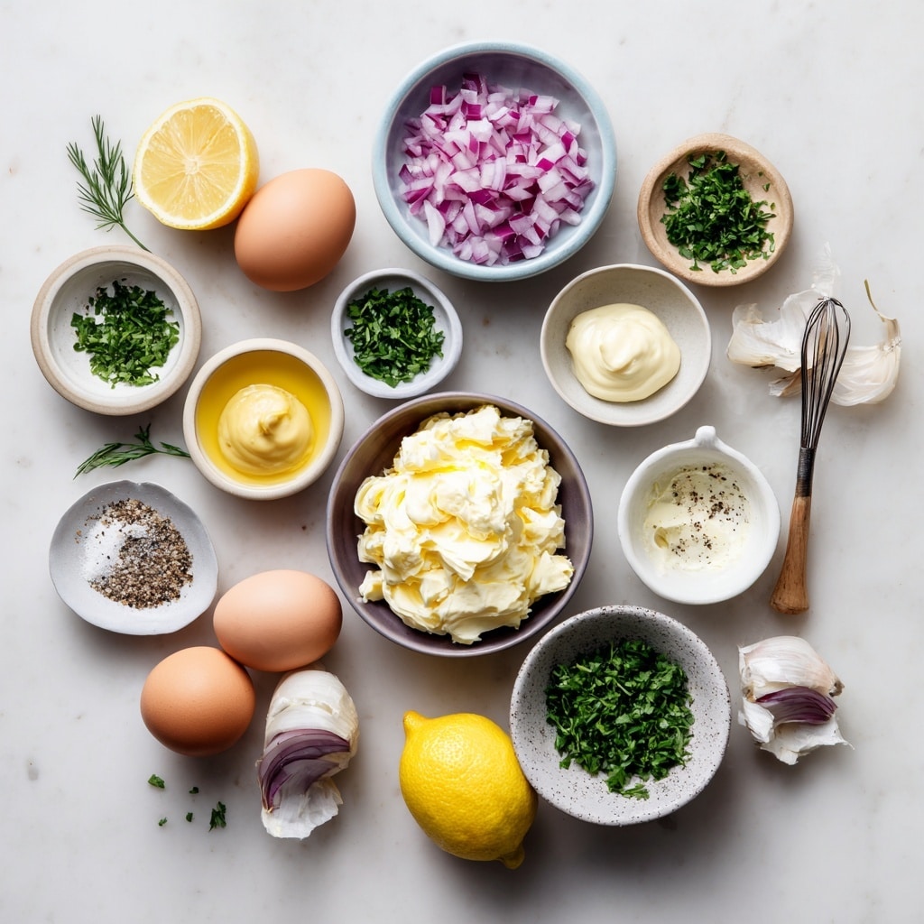 A clear glass bowl sits on a white marbled surface, filled with six distinct layers arranged side by side. Starting from the left, there is a pile of finely chopped green herbs, next to it is a mound of small purple onion pieces. To the right, vibrant green chives are chopped finely. At the bottom right, pale yellow and white chopped boiled eggs are grouped together. In the center, there is a dollop of creamy white mayonnaise next to a smooth, tan-colored mustard dollop, sprinkled lightly with black pepper. The colors and textures create a fresh and clean visual contrast. photo taken with an iphone --ar 4:5 --v 7