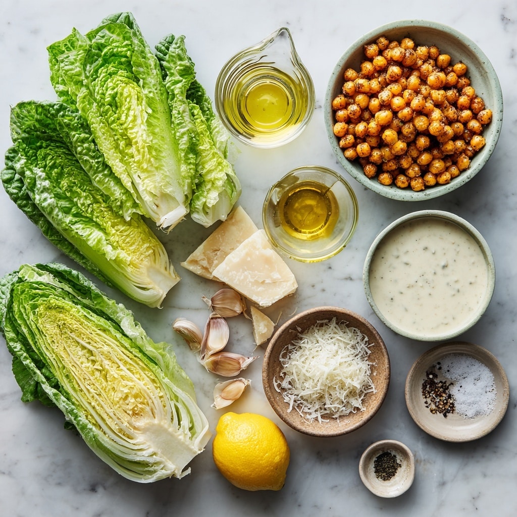 A close-up view of a fresh salad in a white bowl on a white marbled surface, showing layers of green romaine lettuce leaves varied in light and dark shades forming the base layer, topped with small round golden-brown roasted chickpeas scattered evenly, and thin white shredded cheese sprinkled on top. A woman's hand is pouring a creamy white dressing from a small clear glass jar over the salad, with the dressing forming a thick stream that spreads gently over the ingredients. In the background, another white bowl filled with more golden-brown roasted chickpeas sits on the same white marbled surface. Photo taken with an iphone --ar 4:5 --v 7