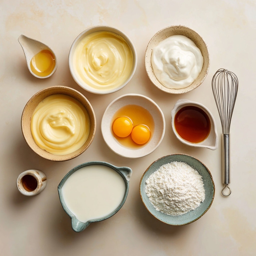 A clear glass bowl sits at the center on a white marbled surface, filled with a light frothy yellow mixture being whisked by a metal whisk held in a woman's hand with pale skin. Above the bowl, a white enamel bowl with a black rim pours a thick white liquid into the glass bowl. The scene shows a close-up view emphasizing the creamy texture of both liquids and the action of mixing photo taken with an iphone --ar 4:5 --v 7
