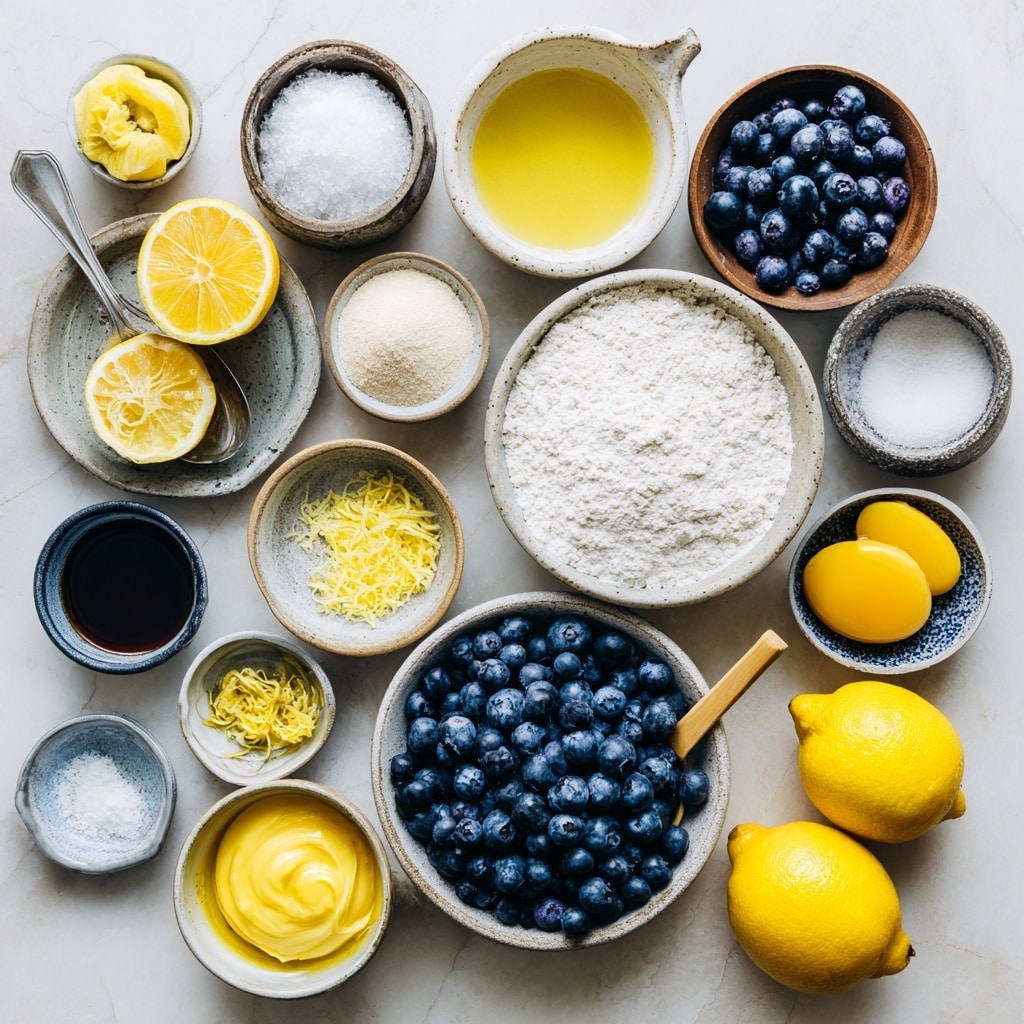 The image shows two parts: on the left, a white marbled surface with two clear glass bowls – the top bowl contains dry white and light beige flour mixes with a small mound of white powder, next to it are two squeezed lemon halves, one whole lemon, and a silver grater; the bottom bowl has three whole eggs with bright yellow yolks and a pile of yellow lemon zest on a clear liquid base. On the right side, there is a close-up of a round cake pan with smooth grey sides on the white marbled surface, filled with a pale yellow cake batter topped with a thick layer of fresh dark blue blueberries evenly spread across. Photo taken with an iphone --ar 4:5 --v 7