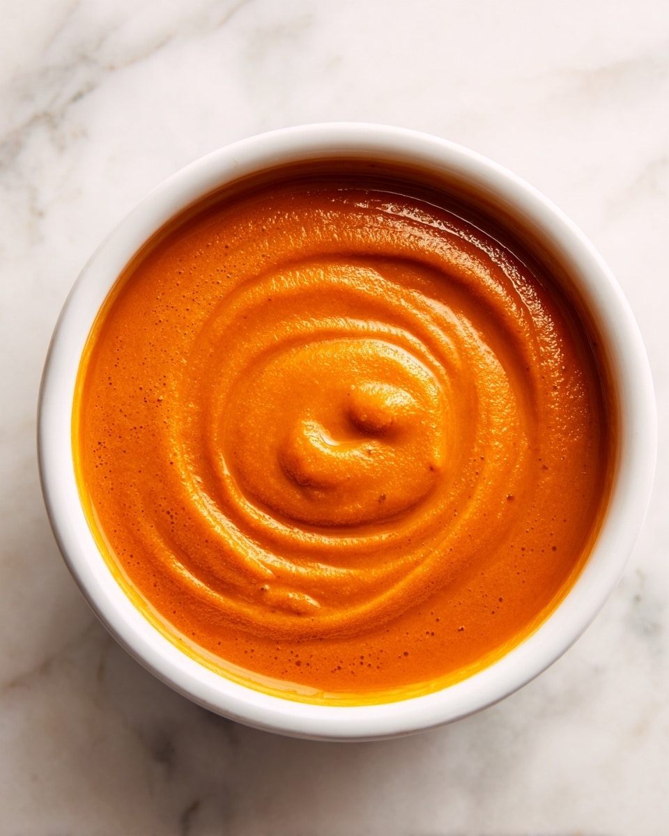 A white round pot filled with a smooth, orange-colored sauce with a slightly thick texture showing gentle swirling patterns on the surface, sitting on a white marbled background, photo taken with an iphone --ar 4:5 --v 7