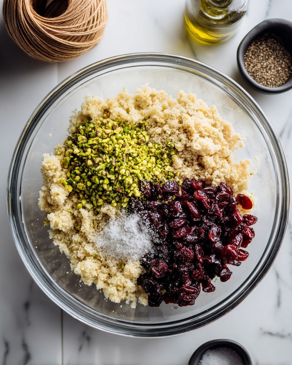 A clear glass bowl sits on a white marbled surface filled with a three-layer mixture: the bottom layer is a light crumbly beige texture of bread pieces, the left middle layer has a vibrant green chopped pistachio nut cluster, the right middle layer shows a dark red pile of dried cranberries, and the center is sprinkled with small amounts of white salt and coarse black pepper. Around the bowl, there is a ball of thick beige string on the top left, a small bottle of oil just right of the string, a black container of salt to the top right, and a white container of black pepper beside it. photo taken with an iphone --ar 4:5 --v 7
