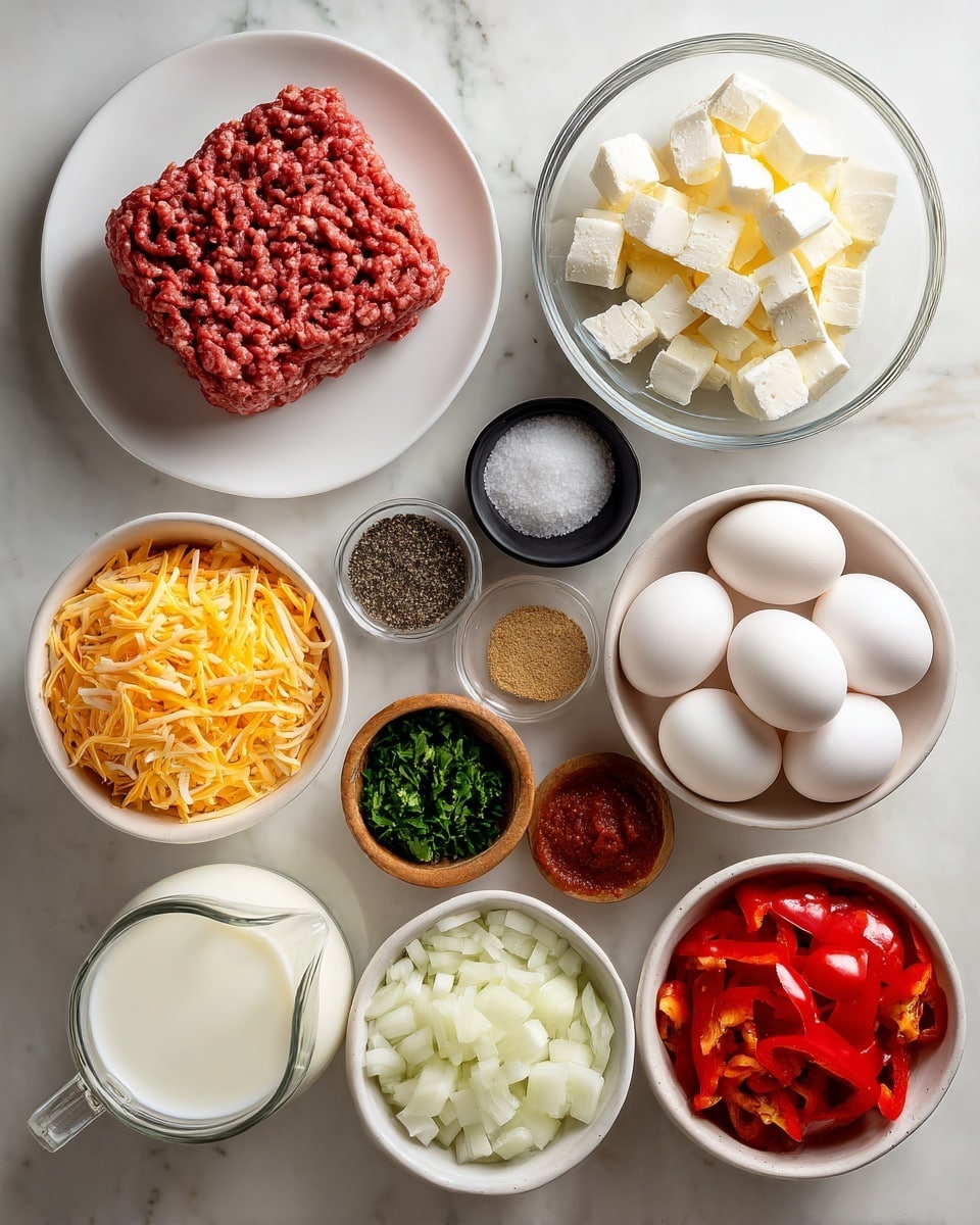 The image shows a top view of various cooking ingredients arranged neatly on a white marbled surface. There is a square block of raw ground meat placed on a white plate in the upper left corner. To its right, a clear glass bowl is filled with small white cubes of cheese. Below the meat, a small black bowl holds salt, next to it a white bowl with black pepper, and a small wooden bowl with a light brown spice. In the center, a white bowl is filled with shredded orange cheese, while to its right six white eggs sit in a carton. Below the central bowl are two more white bowls, one containing chopped white onions and the other chopped red bell peppers. At the bottom left, a glass jug filled with milk is visible next to a small white bowl of chopped green herbs and another small white bowl with red sauce. A second small wooden bowl with a light brown spice is at the bottom right of the image. All items are placed neatly on the white marbled surface. photo taken with an iphone --ar 4:5 --v 7