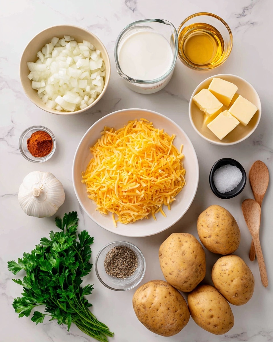 The image shows an overhead view of cooking ingredients arranged neatly on a white marbled surface. There are five light brown whole potatoes in the center, a white bowl filled with shredded bright orange cheese above the potatoes, and a small white bowl holding three cubes of light yellow butter to the right of the cheese. To the left of the potatoes, a beige bowl contains white chopped onions, and above it, a clear glass measuring cup holds white liquid, likely milk. Another clear glass measuring cup with a golden yellow liquid is positioned to the upper right. Below the butter, a small white bowl has red powder, probably paprika, and next to it is another small white bowl with black pepper and a wooden spoon. A small black container with white salt and a wooden spoon is at the bottom right. Finally, a full white garlic bulb sits above the cheese, and fresh green parsley sprigs lie at the bottom left of the potatoes. Photo taken with an iphone --ar 4:5 --v 7