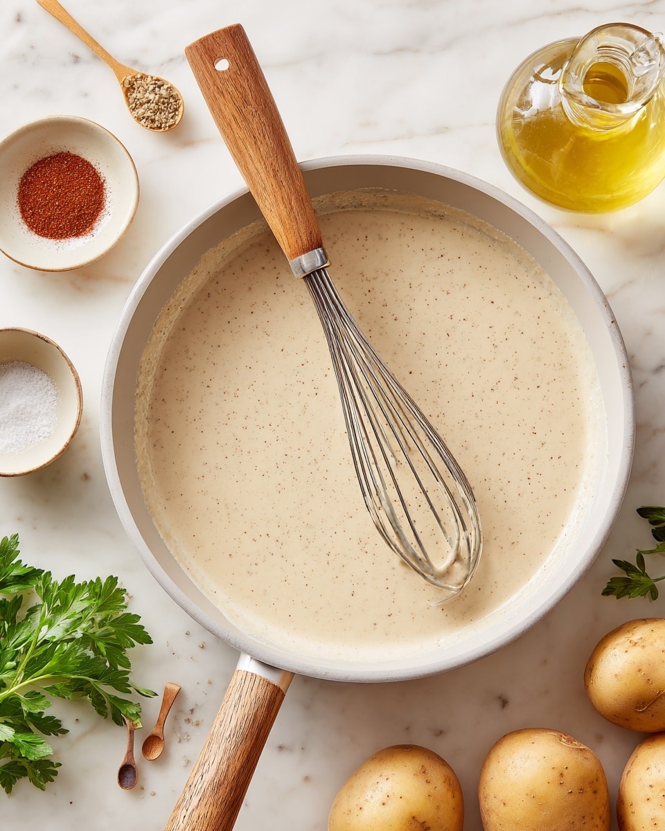 A white pan filled with a smooth, light beige sauce that has tiny darker specks, showing a thick but creamy texture. A metal whisk with a light wooden handle is placed partially inside the pan, resting from the right side. The pan's handle is also light wood, extending downwards. The pan sits on a white marbled surface. Surrounding the pan are three whole light brown potatoes near the top right, a glass jug with light yellow liquid at the very top right, a small white bowl with red powder at the top left, and salt and pepper containers with small wooden spoons at the bottom left. Some green parsley leaves add a small touch of color near the top left side of the image. photo taken with an iphone --ar 4:5 --v 7