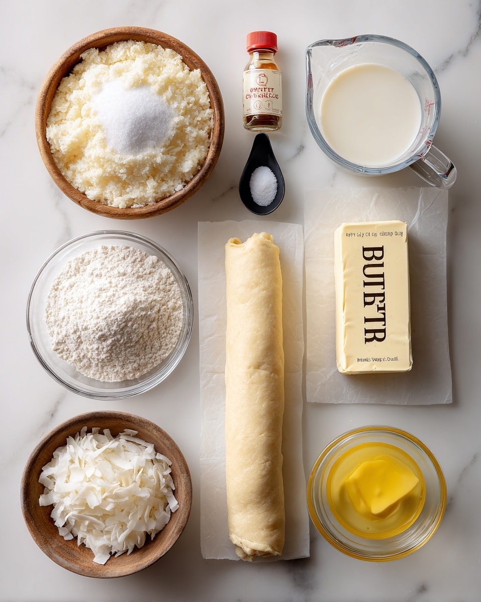 The image shows nine cooking ingredients laid out neatly on a white marbled surface. At the top left, a round wooden bowl filled with white granulated sugar swirled smoothly is placed, followed by a small black measuring spoon with a bit of white salt inside in the center. To the right is a clear glass measuring cup filled with a creamy white liquid. In the middle left, a long roll of light beige dough rests on white parchment paper. Next to it, a small clear glass bowl holds white flour with a slightly coarse texture. To the right of the flour is a stick of pale yellow butter with