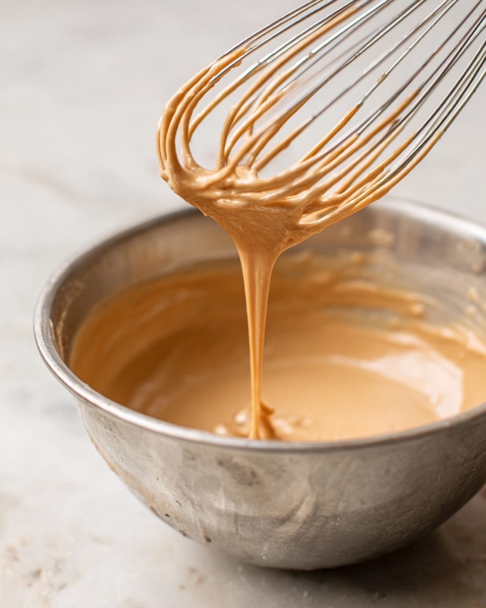 A close-up view of a metal whisk lifting a smooth, light brown batter from a silver mixing bowl. The batter clings softly around the wires of the whisk, stretching slightly as it drips back into the bowl. The bowl is placed on a white marbled surface that adds a clean and soft background. The lighting is natural, highlighting the creamy texture of the batter and the shiny metal of the bowl and whisk. photo taken with an iphone --ar 4:5 --v 7