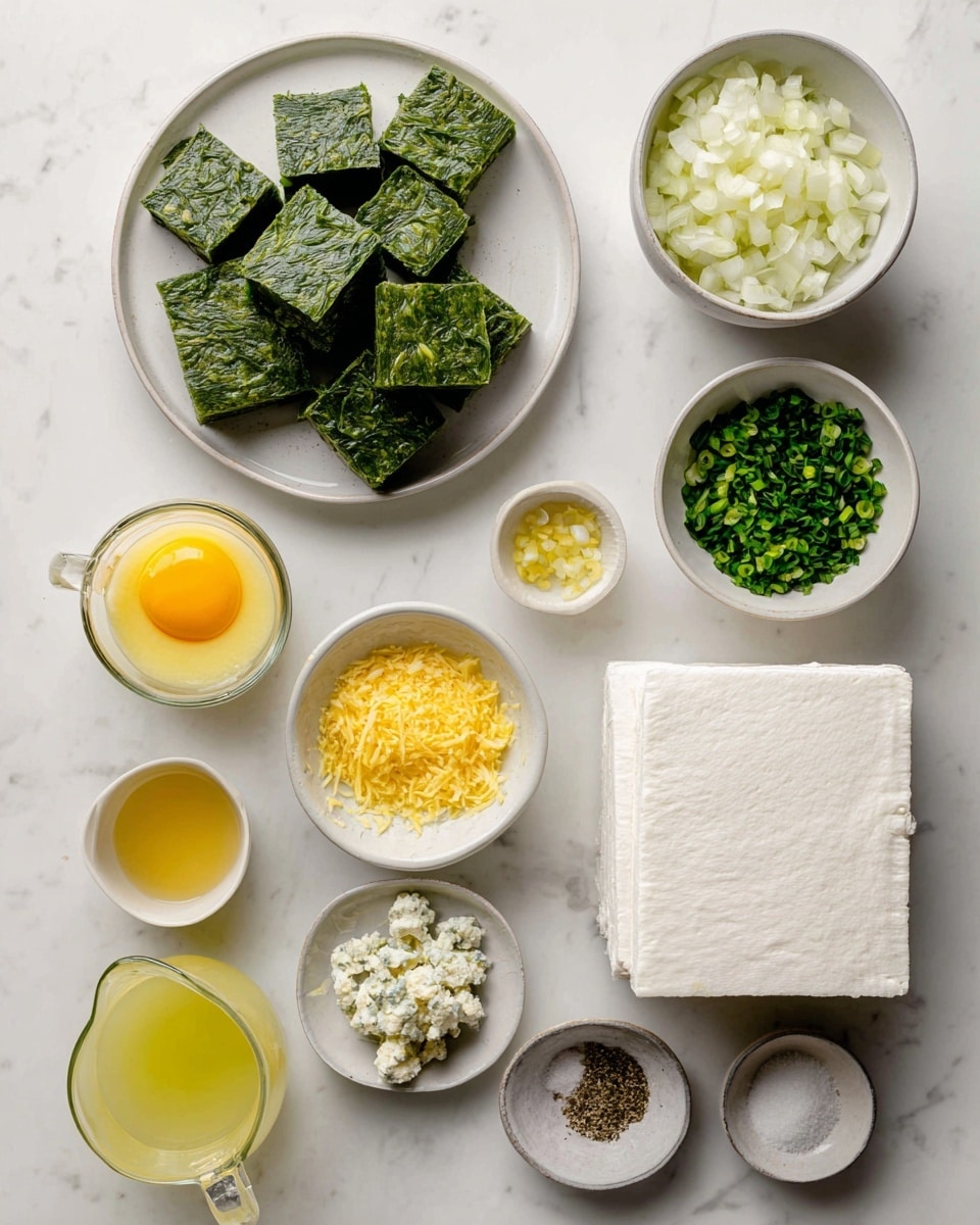 The image shows various ingredients arranged neatly on a white marbled surface, including a pile of green frozen spinach squares on a white plate at the top left, a bowl of finely chopped white onions at the top right, and a small white bowl with bright green chopped herbs next to it. To the right are stacked white rectangular sheets, possibly dough or wrappers. Below the spinach, small white bowls hold yellow grated zest, minced garlic, and chopped green onions. A clear glass bowl with a light yellow liquid sits near the center, beside an egg. Three small bowls at the bottom hold black pepper, salt, and crumbled feta cheese, and a glass jug filled with melted yellow butter is on the bottom left. photo taken with an iphone --ar 4:5 --v 7