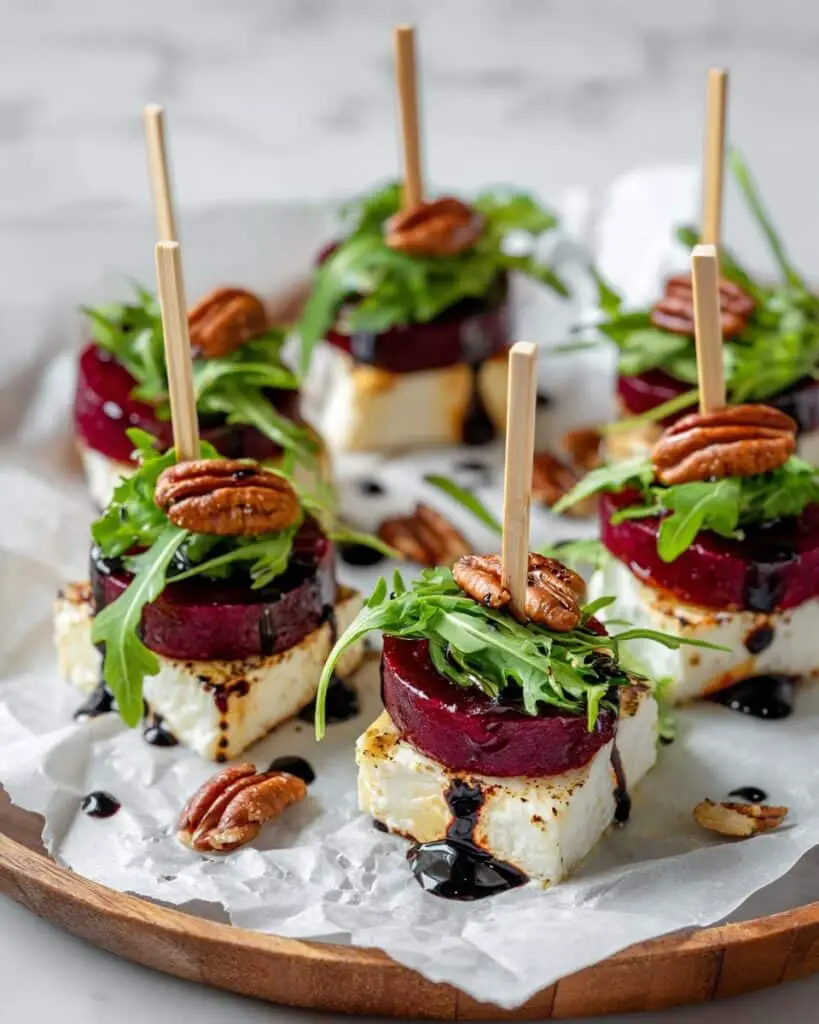 Beet Salad Appetizer Skewers with Feta, Pecans, and Balsamic Glaze Recipe