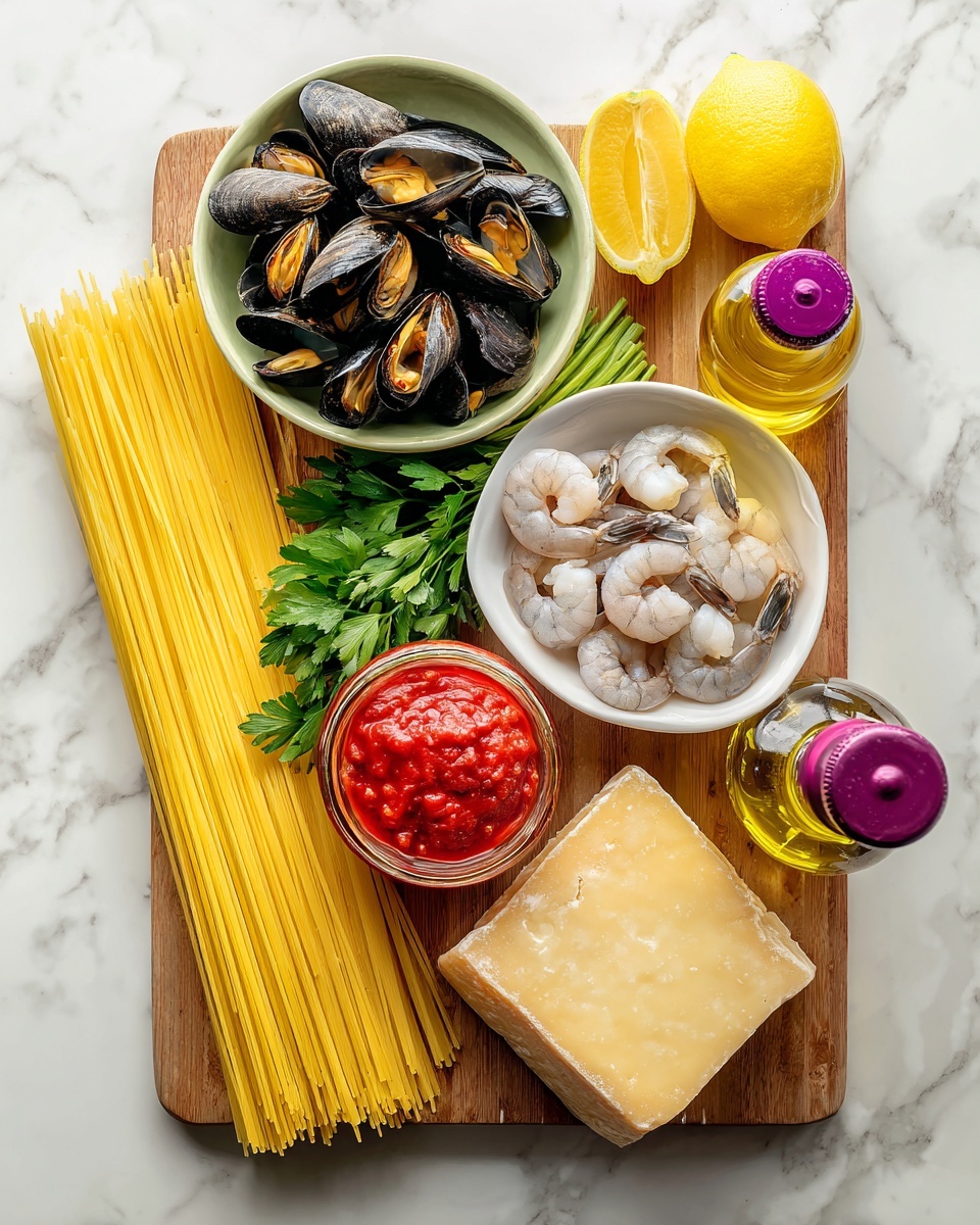 Simple Mixed Seafood Tomato Marinara Pasta Recipe 4 A round white pan is filled with thick, bright red tomato sauce that has a slightly chunky texture. Scattered on top are whole dark blue-black mussels and light brown clams with some shell details visible, partially submerged in the sauce. The sauce has a shiny surface and the pan sits on a white marbled surface. photo taken with an iphone --ar 4:5 --v 7