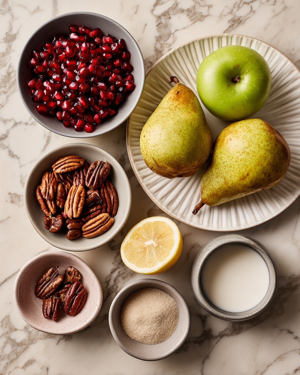 The image shows a top view of several food items on a light brown surface replaced with a white marbled texture. In the center, two brown pears sit side by side on a smooth white plate. To the upper right, two green apples rest on another round white plate with a ribbed edge. At the upper left, a gray bowl is filled with bright red pomegranate seeds that look shiny and juicy. Below the pears, a small white bowl holds dark brown pecan halves, some split and some whole, showing their rough texture. To the right of the pecans is a small beige bowl with light beige powder. Above it is a gray cup with a halved lemon inside, showing its yellow and white juicy flesh. To the left of the pears, a speckled pink bowl holds dark tan powder, and below it, a gray bowl contains a white soft substance. The arrangement is neat, and each bowl and plate contrasts against the white marbled background, making the colors of the food pop. photo taken with an iphone --ar 4:5 --v 7