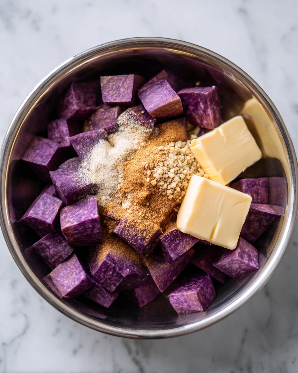 Quick & Easy Mashed Purple Sweet Potatoes (Side Dish) Recipe 5 In a shiny metal bowl, there are many purple sweet potato cubes filling most of the space. On top of the cubes, there is a light yellow block of butter resting on the right side. In the center of the bowl, a pile of light beige and brown spices or seasoning is sprinkled over the sweet potatoes. The background seen around the bowl is a white marbled surface. photo taken with an iphone --ar 4:5 --v 7