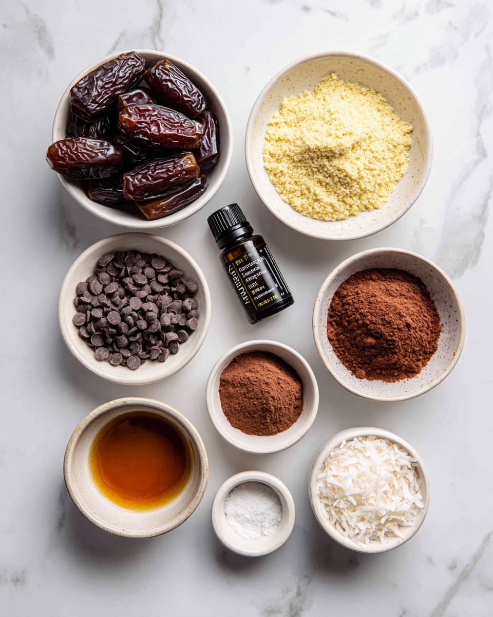 Quick & Easy Mint Chocolate Energy Balls Recipe 4 The image shows seven small white bowls filled with different ingredients, arranged on a white marbled surface. At the top left is a bowl full of shiny dark brown dates. Next to it on the right is a bowl filled with a light yellow, crumbly powder. Below on the left is a bowl with small dark brown chocolate chips, and to its right is a bowl of rich brown cocoa powder. At the bottom left is a small bowl with a dark amber liquid, and next to it is a small dark brown bottle labeled peppermint extract. Next to the bottle on the right are two small bowls, the one closer has white powder and the one further to the right looks empty or very light grey inside. At the bottom right is a bowl filled with white shredded coconut. All bowls and the bottle are placed neatly in an organized pattern. Photo taken with an iphone --ar 4:5 --v 7