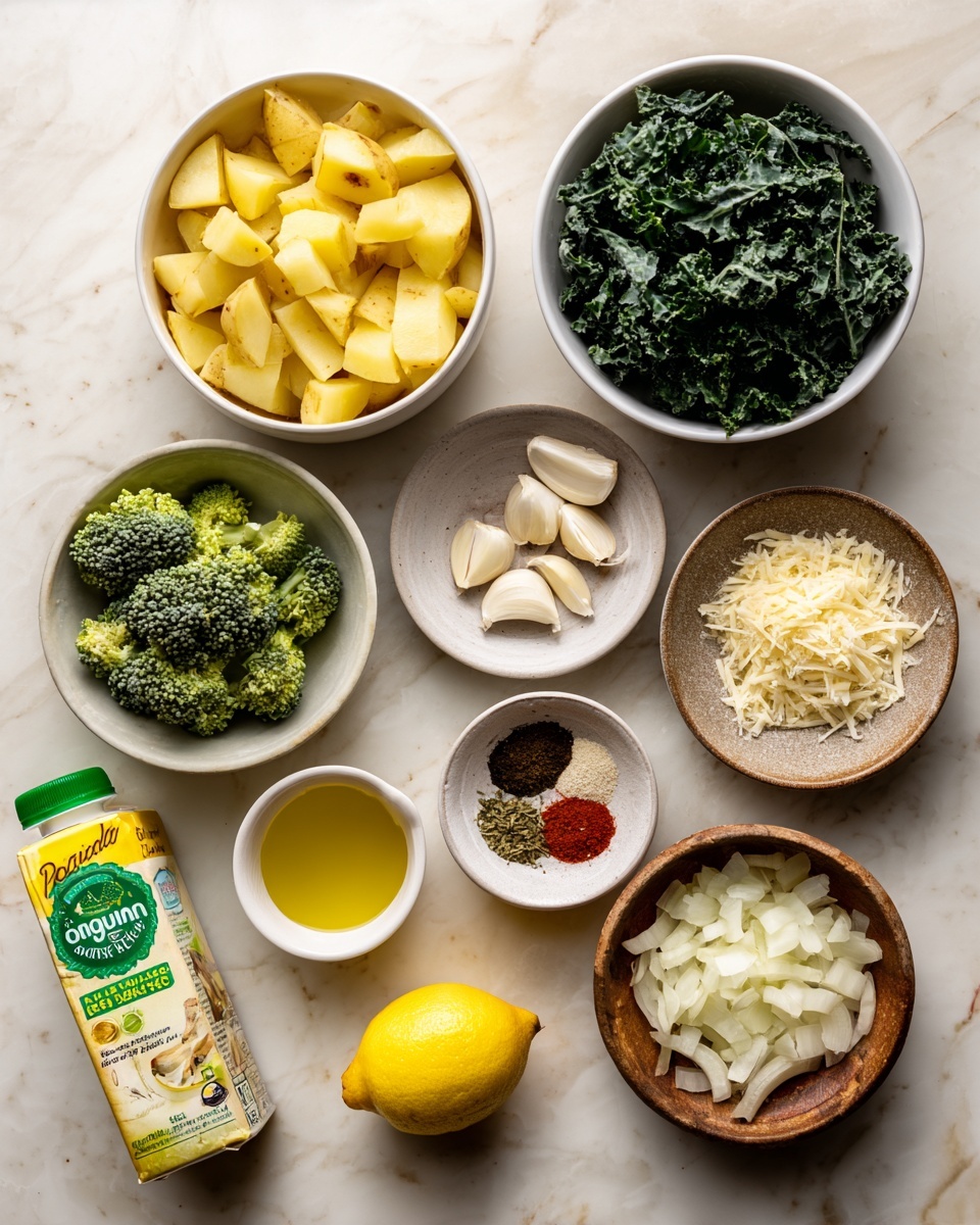 Nourishing One-Pot Broccoli Kale Soup Recipe 4 This image shows a top view of several dishes and items on a white marbled surface. Starting from the top left, there is a white bowl filled with medium-sized yellow potato pieces. To its right is another white bowl filled with fresh, dark green kale leaves. Below the potatoes, there is a white bowl with green broccoli florets. Next to it is a brown bowl full of finely grated white cheese. To the right of the cheese, there is a small brown bowl with three different spices: black dried herbs, red paprika powder, and green dried herbs. Below the spices is a small white cup containing golden olive oil. To the left is a small brown bowl with chopped garlic. Below the cheese and to the right of the garlic, there is a brown bowl filled with finely chopped white onions. Near the bottom left corner, there is a carton of organic vegetable broth with a green cap and green label, and above it, there is a small white dish holding a halved lemon showing the yellow inside. All items are neatly arranged on the white marbled surface. Photo taken with an iphone --ar 4:5 --v 7