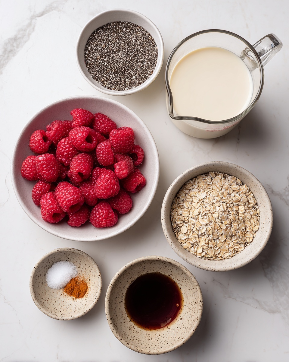The image shows five containers arranged on a white marbled surface: a clear glass measuring cup filled with creamy white liquid at the top right, a white bowl full of bright red frozen raspberries below it, a white bowl with small black and white chia seeds above the raspberry bowl, a beige bowl filled with a mix of light brown grains on the bottom right, and a small speckled beige dish containing dark brown liquid near the center right. Another small speckled beige dish near the bottom left holds a small amount of orange spice and white salt. Photo taken with an iphone --ar 4:5 --v 7