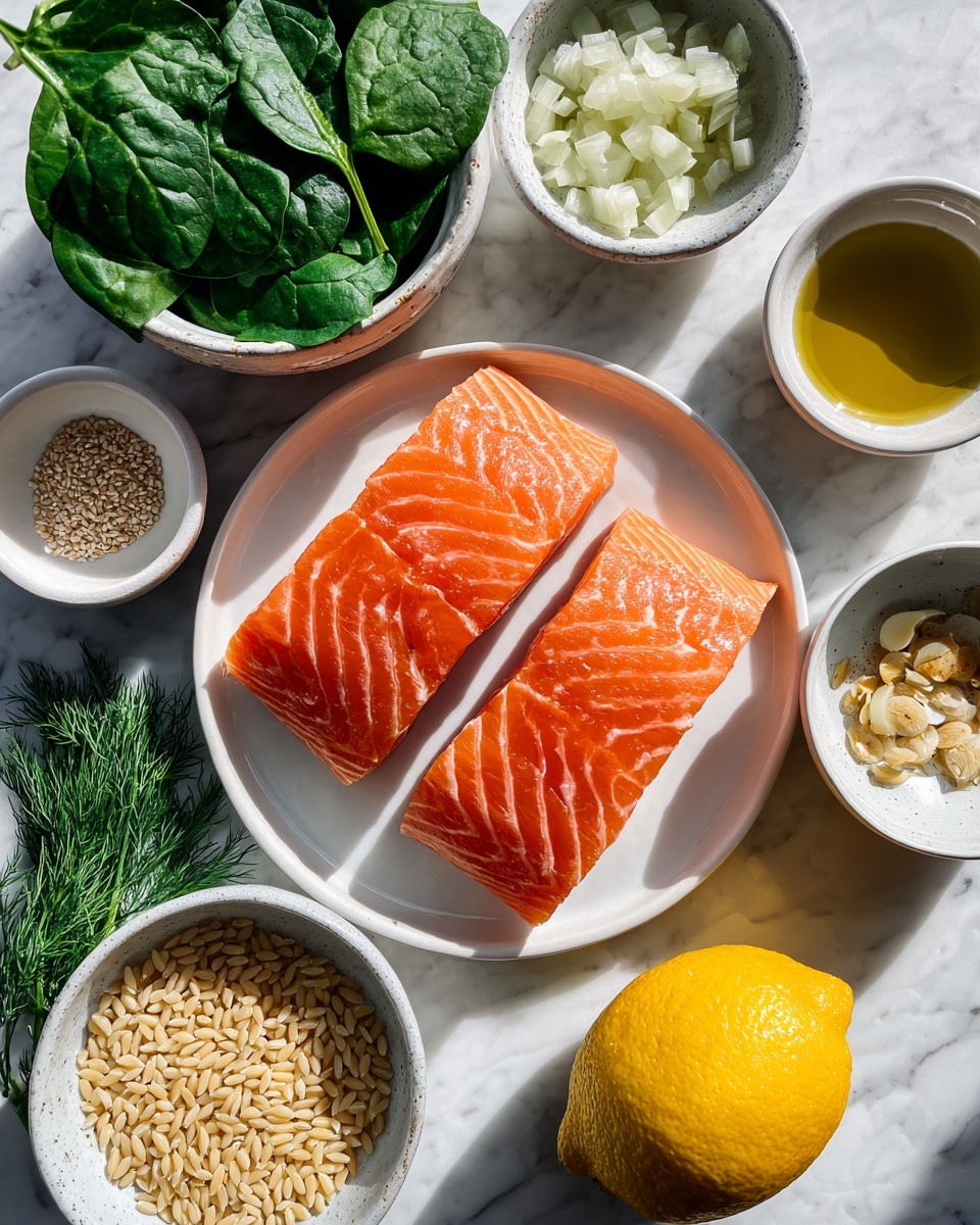 Lightened-Up Lemon Salmon Orzo Pasta Recipe 4 The image shows raw ingredients arranged on a white marbled surface. At the center, a white plate holds two bright orange salmon fillets with clear white stripes. Around it are several small ceramic bowls: one filled with chopped garlic, another with sliced shallots, a larger white bowl with fresh green spinach leaves, a small bowl with golden olive oil, a bowl holding fresh green dill, a cup with a small amount of light brown liquid, and a white bowl containing uncooked orzo pasta. A whole lemon is also placed beside the bowls. The lighting casts clear shadows, giving the ingredients a fresh and natural look. photo taken with an iphone --ar 4:5 --v 7